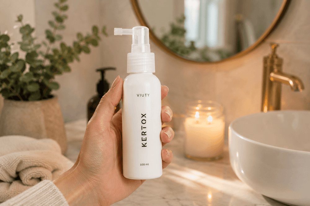 Producto Kertox 100 ml en mano, sobre encimera de baño