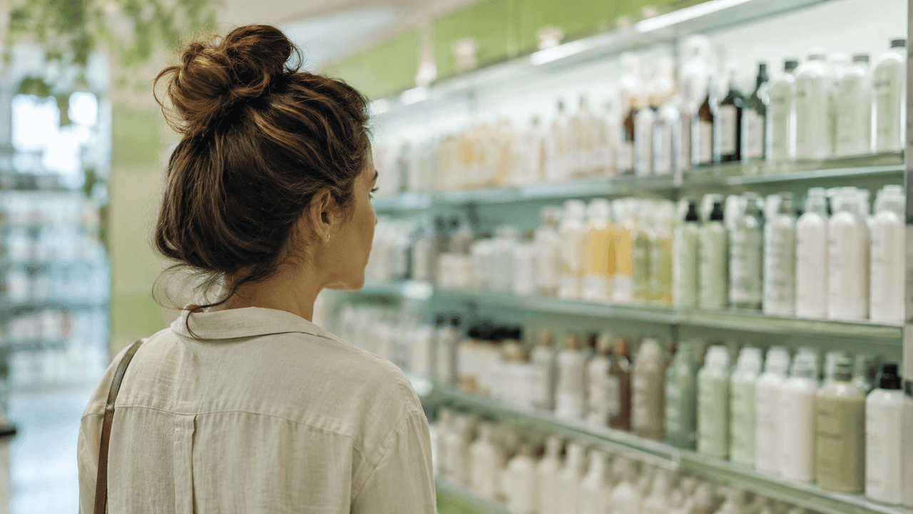 Mujer en farmacia buscando tratamiento capilar