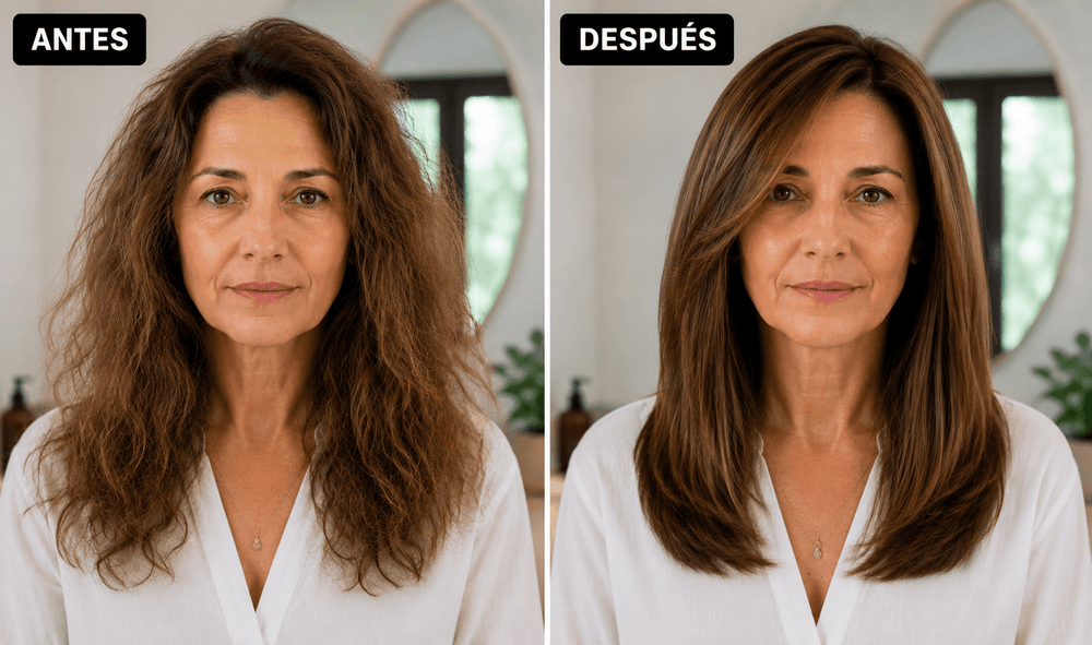 Antes y después: el mismo cabello, encrespado y apagado frente a liso y con brillo