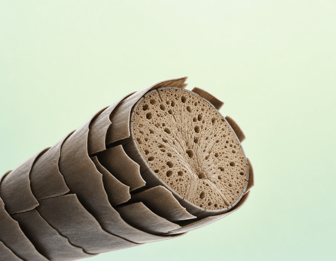 Infografía (IA, paleta Viuty): fibra capilar 45+ — menos lípidos propios, más porosidad, más fragilidad