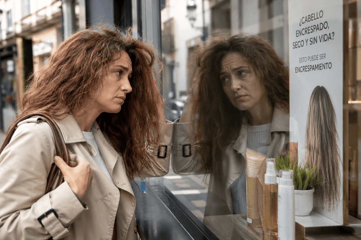 Mujer 30-45 mirándose el pelo encrespado en el reflejo de un escaparate, gesto de frustración contenida. Luz natural de calle.