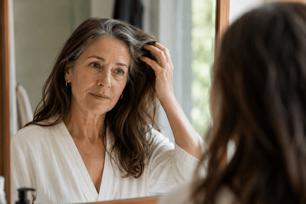Mujer de 55+ tocándose el pelo frente al espejo