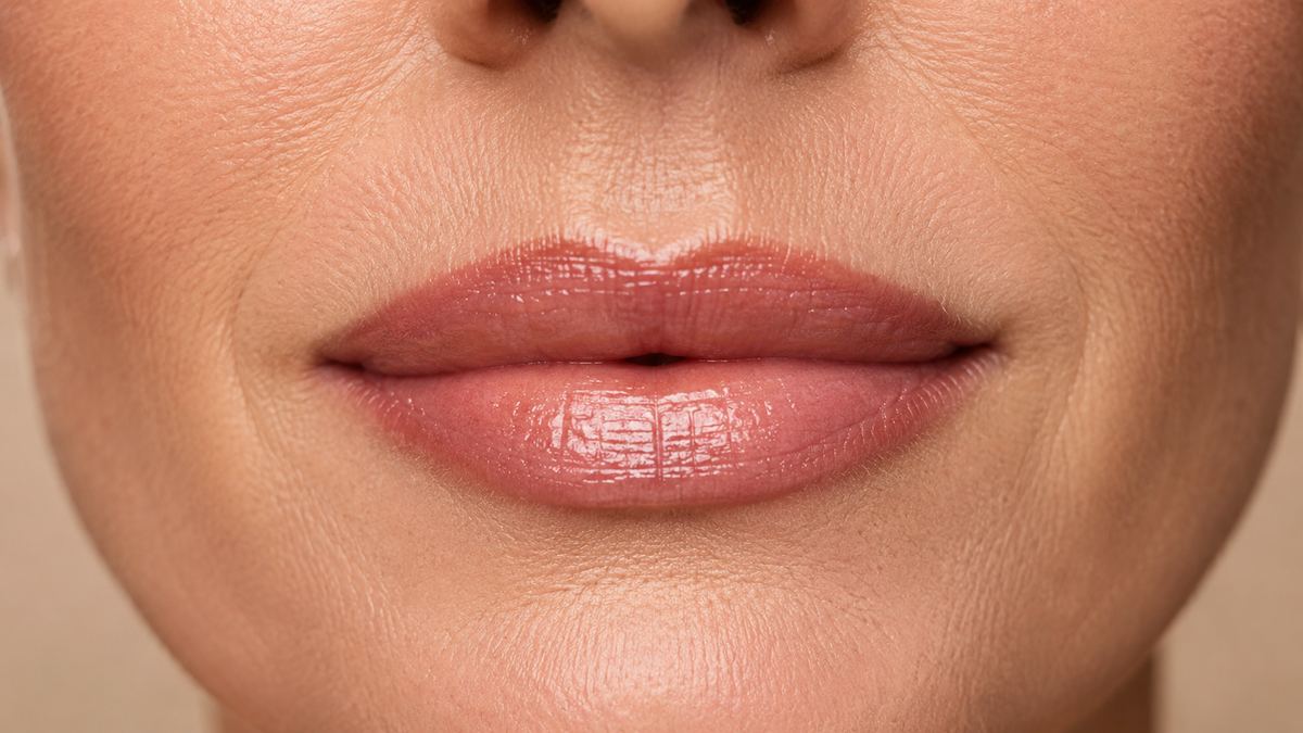 Primer plano de labios llenos, hidratados y con brillo natural