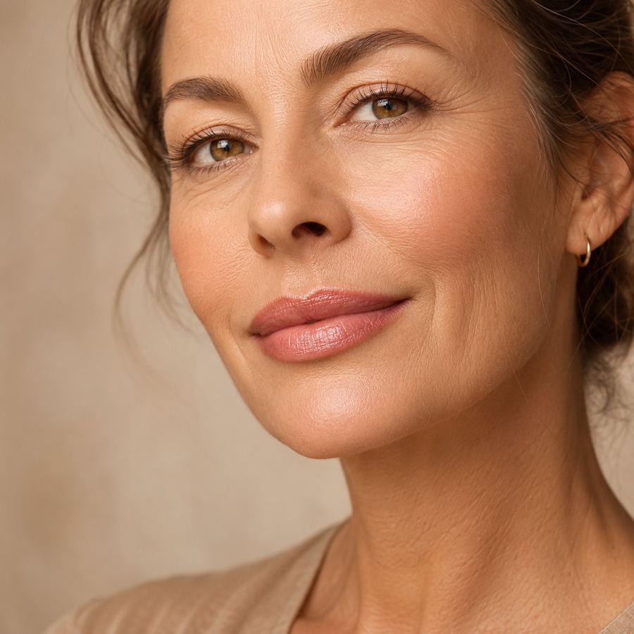 Retrato de mujer sonriendo con labios hidratados, definidos y de aspecto natural
